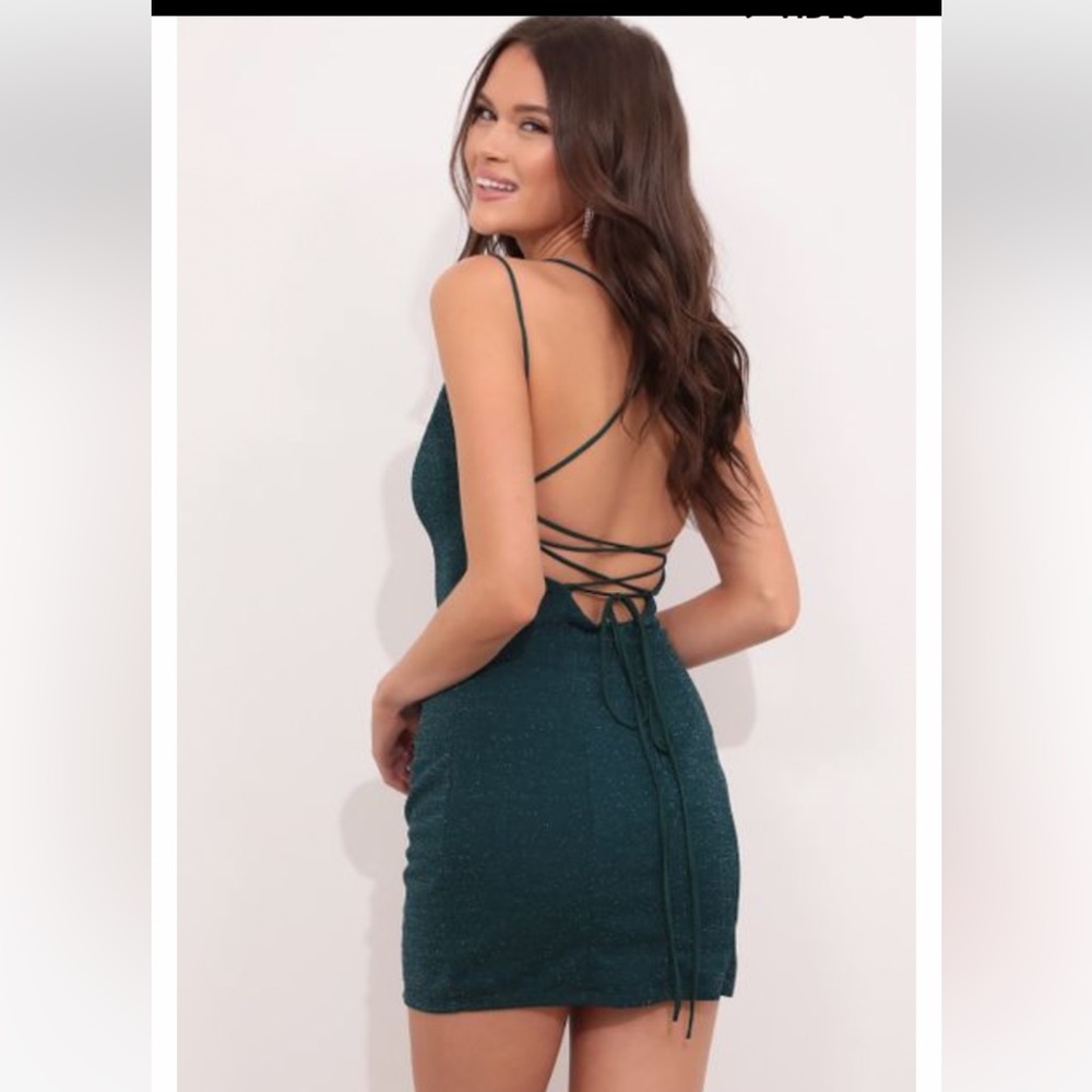 Lucy in the Sky Hailey Lace Up Bodycon Dress in Green Shimmer